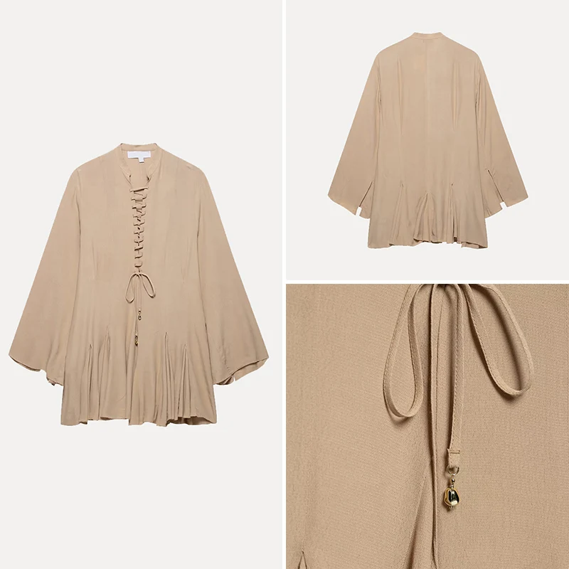

Women's Casual Long Sve Chiffon Top with Belt Decoration Versatile Spring 2025 New Arrival Polyester Fiber 00%