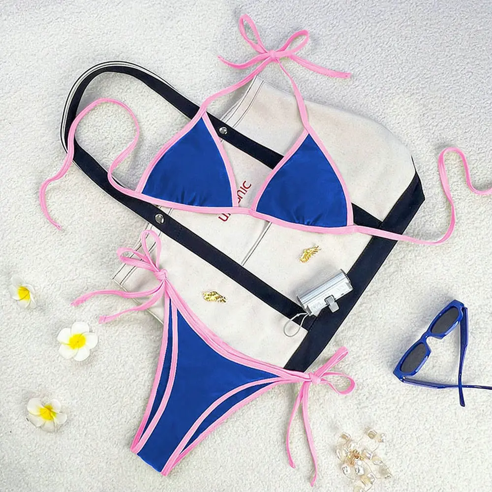 ชุดบิกินี่วินเทจสีน้ำเงิน ทรงสามเหลี่ยม สายผูก ชุดว่ายน้ำแบบดันทรง เปิดหลัง บิกินี่สุดเซ็กซี่ ชุดชายหาดสำหรับผู้หญิง ชุดว่ายน้ำ
