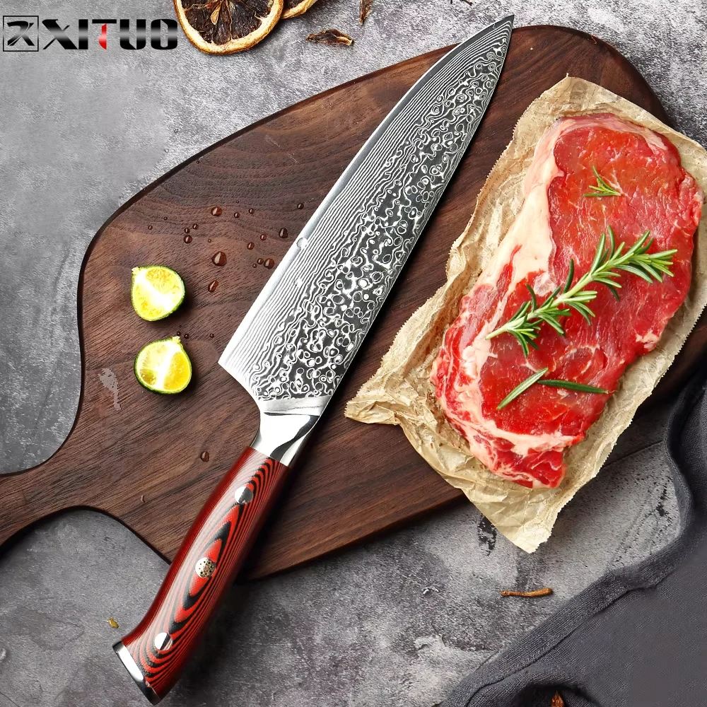 

High-Hardness Japanese Damascus Steel 8-Inch Chef's Knife High-Carbon VG10 Core Slicing & Carving Knife Red & Black G10 Handle