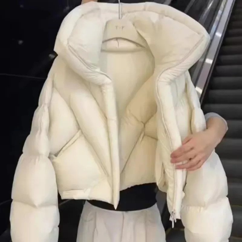 

Модная однотонная короткая пуховая хлопковая куртка с воротником-стойкой, женская зимняя теплая толстая парка, повседневная верхняя одежда на молнии с капюшоном