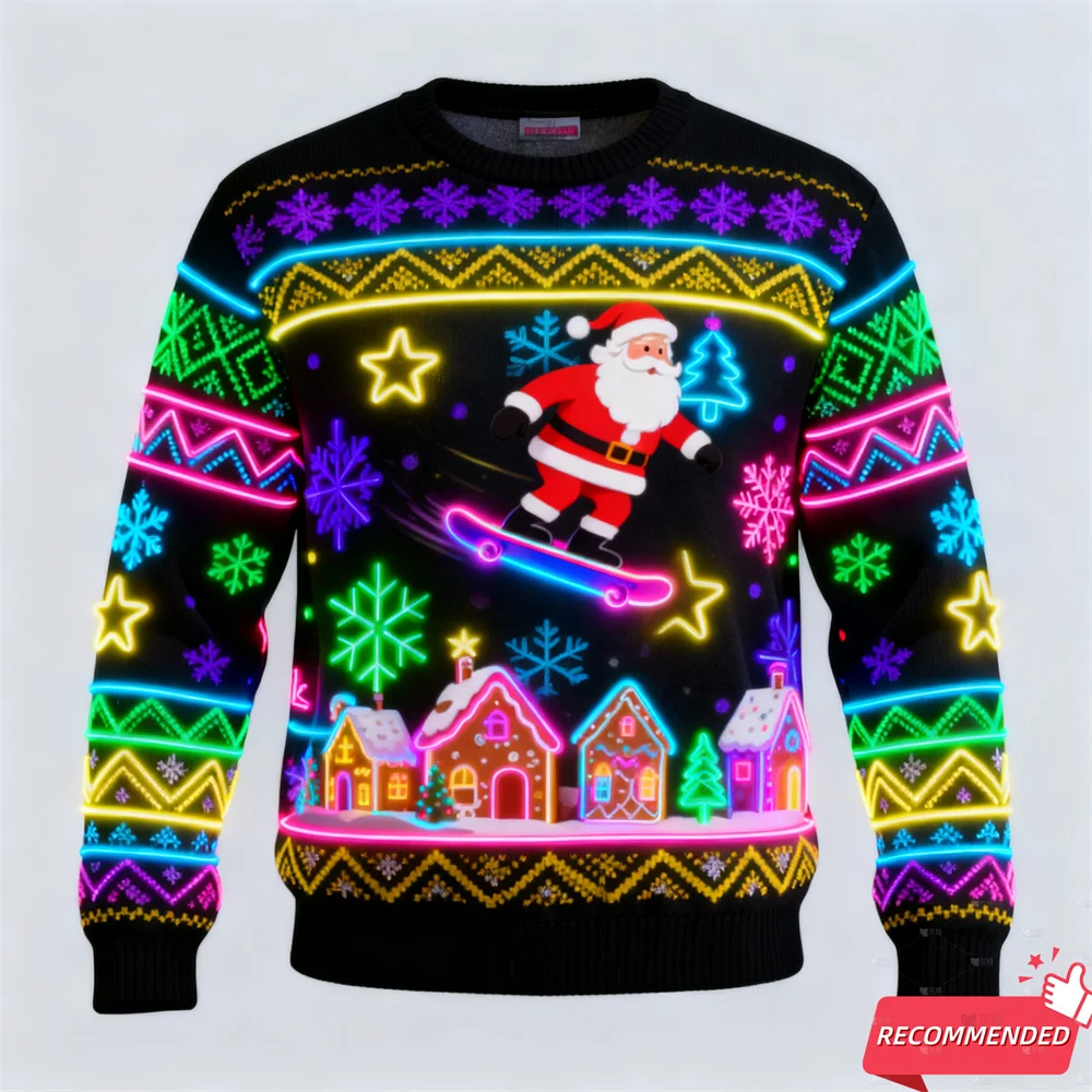 Sweater Natal Lucu 3D Print Motif Tupai Natal, Baju Natal Unisex Model Pullover Tracksuit, Desain Santa Yesus Neon Palsu 2025