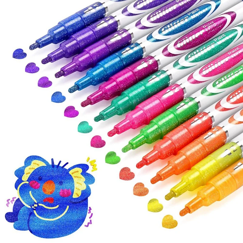 Glitter Markers Pen Kit 12 Acrylic Glitter Markers Paint Pens - Shimmer Marker, Fine Point Water-Based Pen Set For DIY Crafts