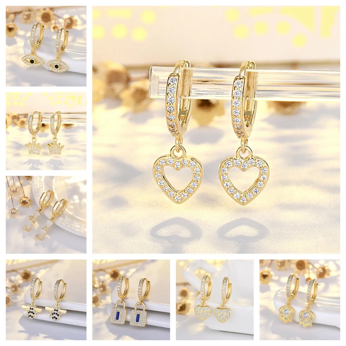 

s925 silver heart-shaped earrings for women South Korea small fresh earring earrings set with diamond flower earrings