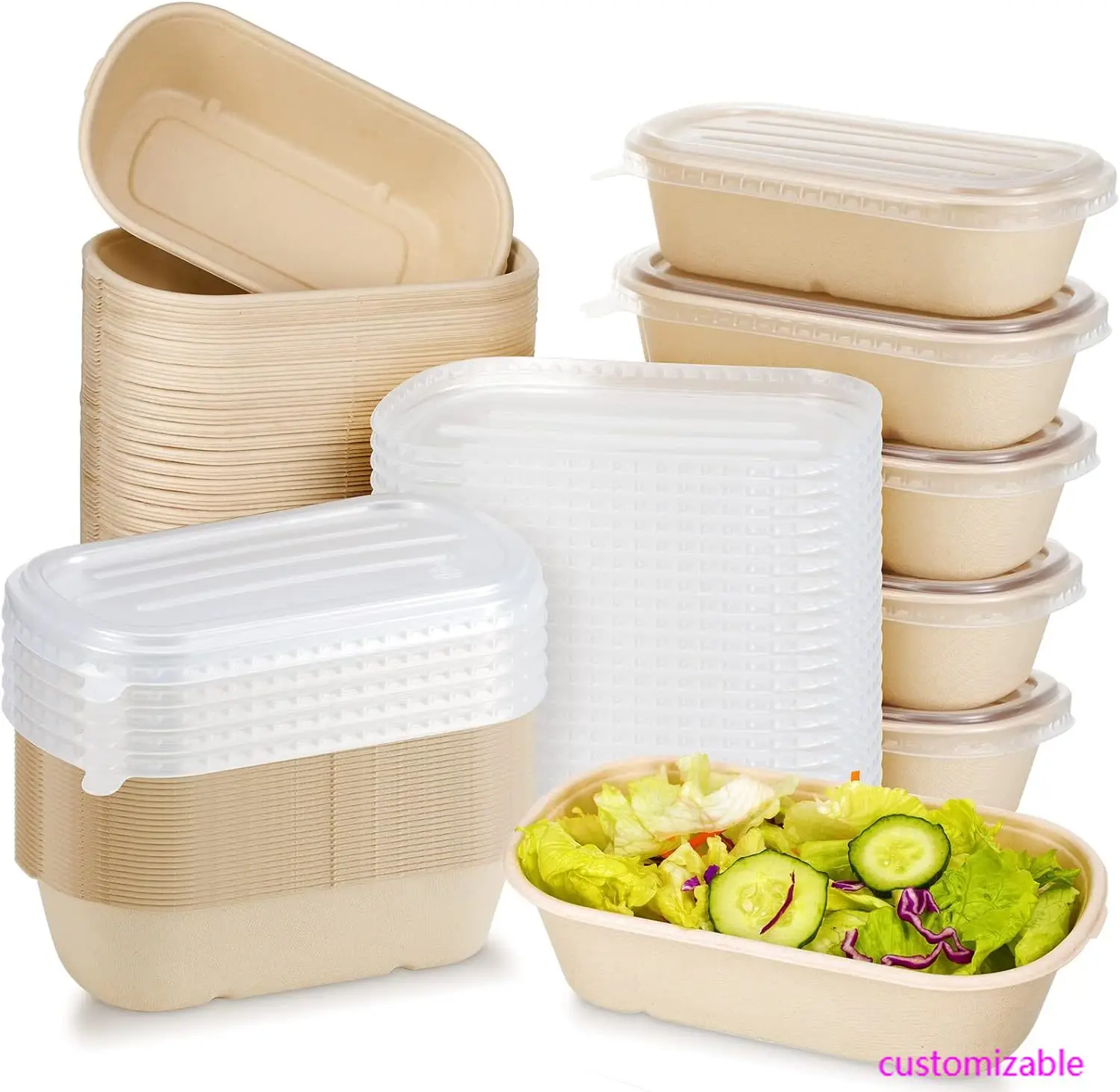100 juegos de contenedores de alimentos desechables y tapas de PP, cuencos de papel desechables, recipientes para servir el almuerzo, tazones de papel para preparación de alimentos