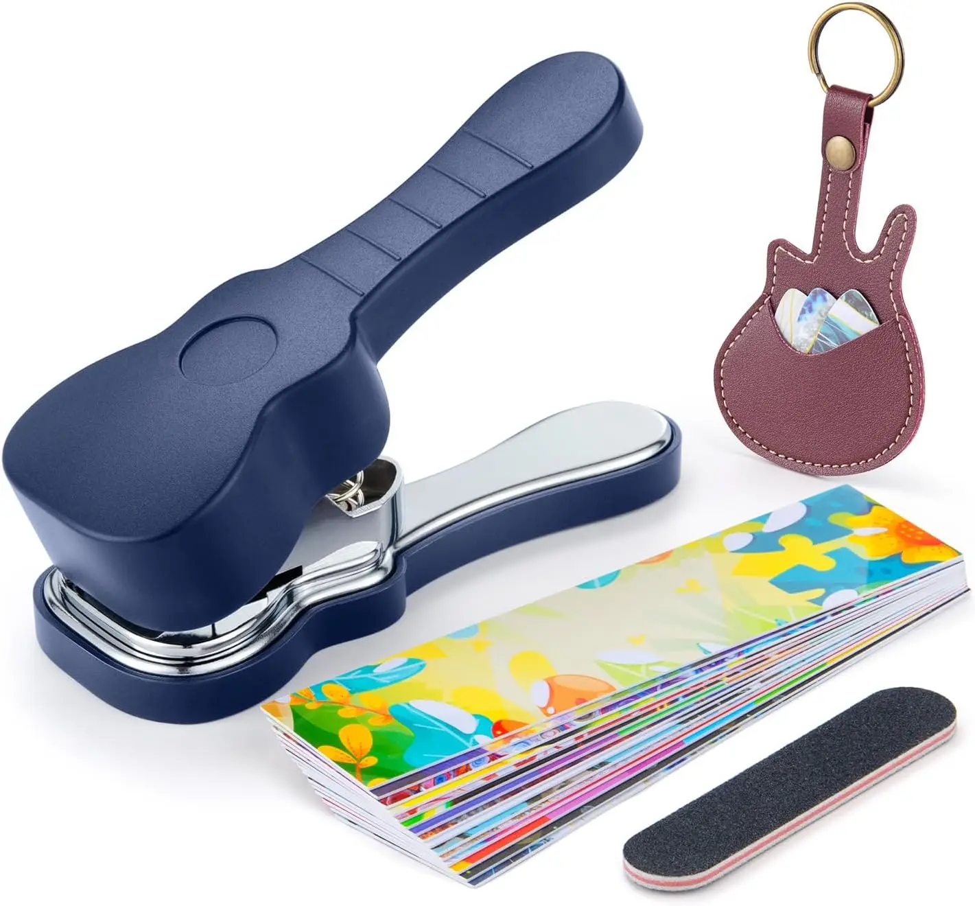 Fashion Guitar Pick Punch Kit, DIY Custom Plectrum Maker Tool with Leather Keychain Holder, File & Pick Strips