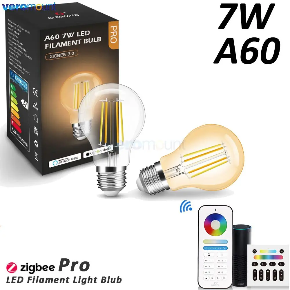 

7W A60 E27 AC220V ZigBee 3.0 Smart LED Filament Bulb Dual White (2200K-6500K) Vintage Edison Smart Light 2.4G RF Remote Control