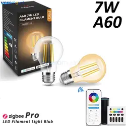 7w a60 e27 ac 220v zigbee 3.0 slimme led gloeilamp dubbele witte (2200k-6500k) vintage edison smart light 2.4g rf afstandsbediening