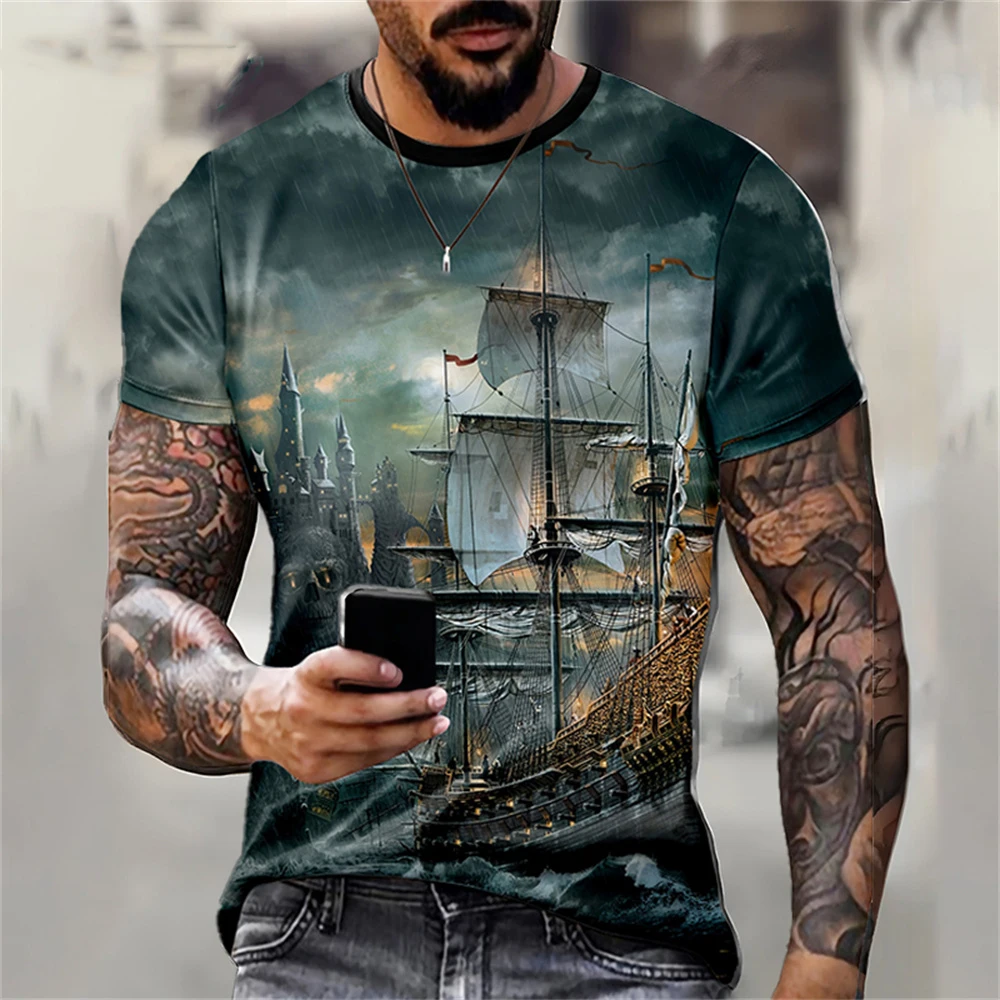 Pirate Ship Pattern 3D Print T-Shirts Men's Short Sleeve T Shirt O-Neck Oversized Hip Hop Tees Harajuku Y2K Tops Man Clothing