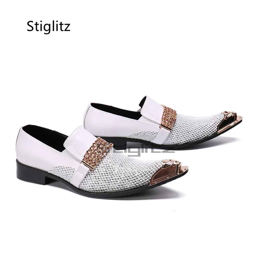 Men's Breatable White Mesh Slip On Loafers Gold Chain Decor Metal Pointed Toe Low Heel Formal Dress Wedding Shoes Big Size 37-48