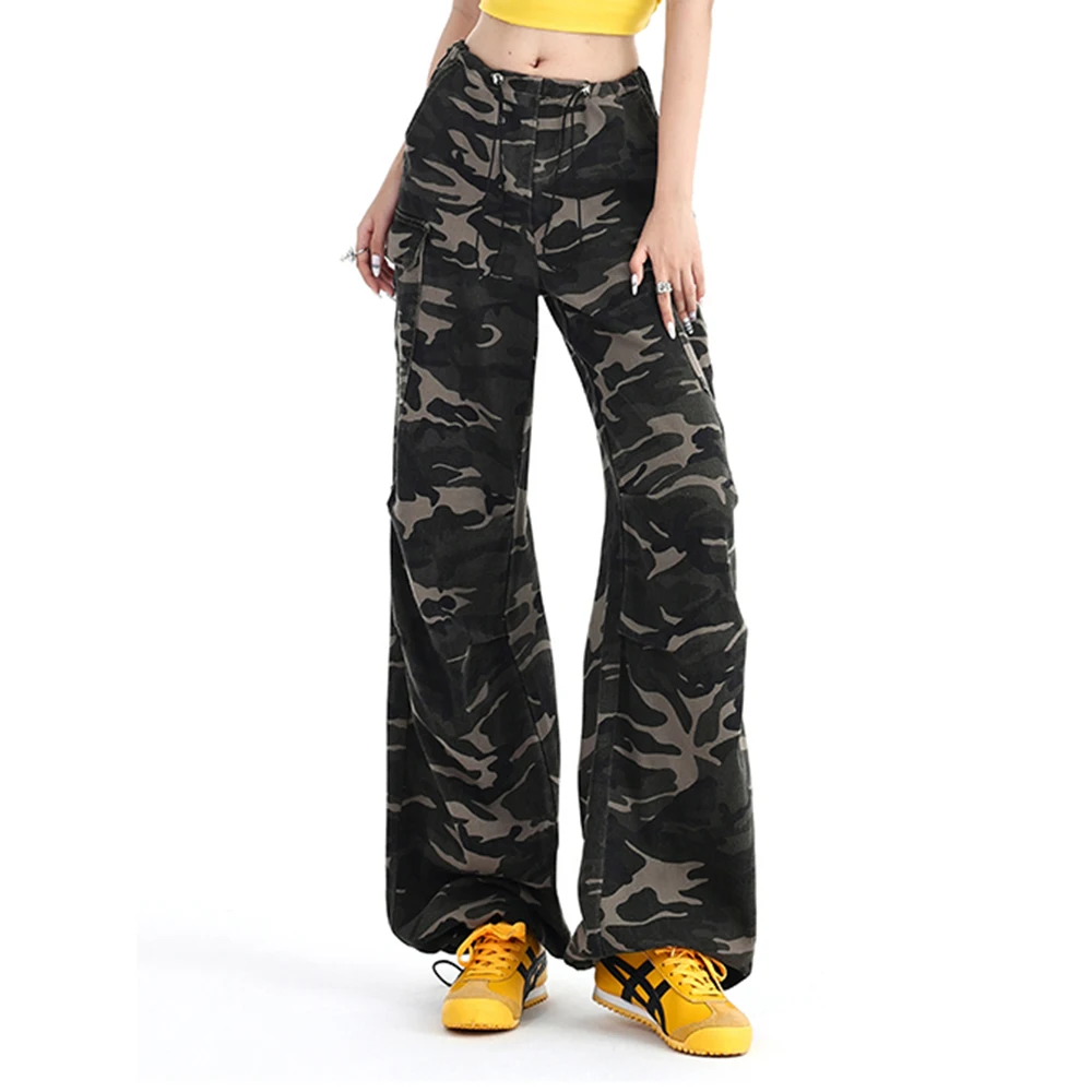 TWOTWINSTYLE Colorblock Camouflage Pants For Women High Waist Patchwork Drawstring Streetwear Loose Cargo Pant Female Style New