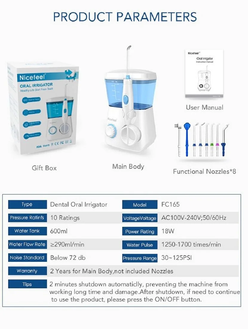 Nicefeel Oral Irrigator Water Flosser Dental Jet Teeth Cleaner With 600ml Water Tank 7 Tips and 1 Toothbrush For Tooth Care