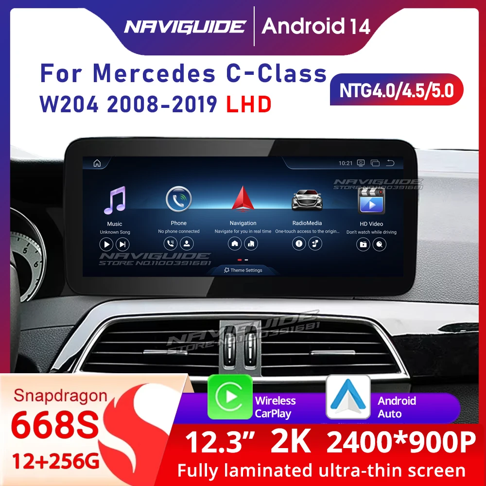 NAVIGUIDE 12.3'' Android 14 Car Radio For Mercedes C Class W204 W205 2008-2019 WiFi Carplay Stereo Multimedia GPS Player Navi 4G