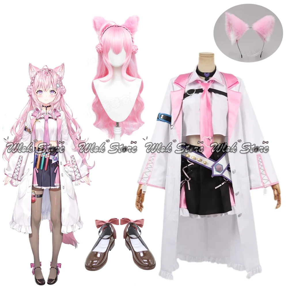 

Vtuber Hololive Hakui Koyori Cosplay Costume Sweet Lovely Uniform Girls Women Halloween Role Play Props Ears Pink Wig and Shoes