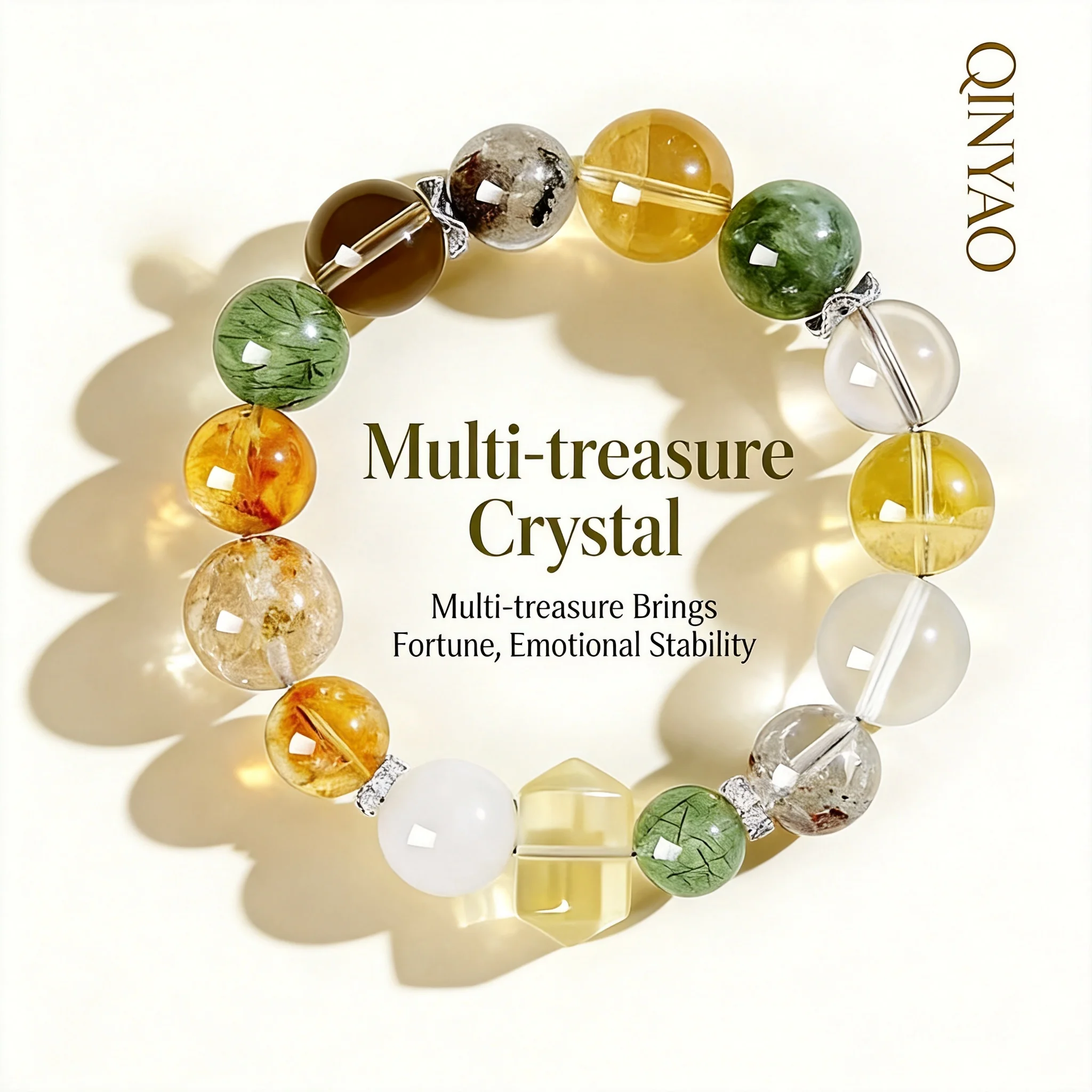 

Chinese Style Good Luck Fortune Attracting Natural Multi Treasure Crystal Bracelet For Women Green Rutilated Quartz Citrine Bead