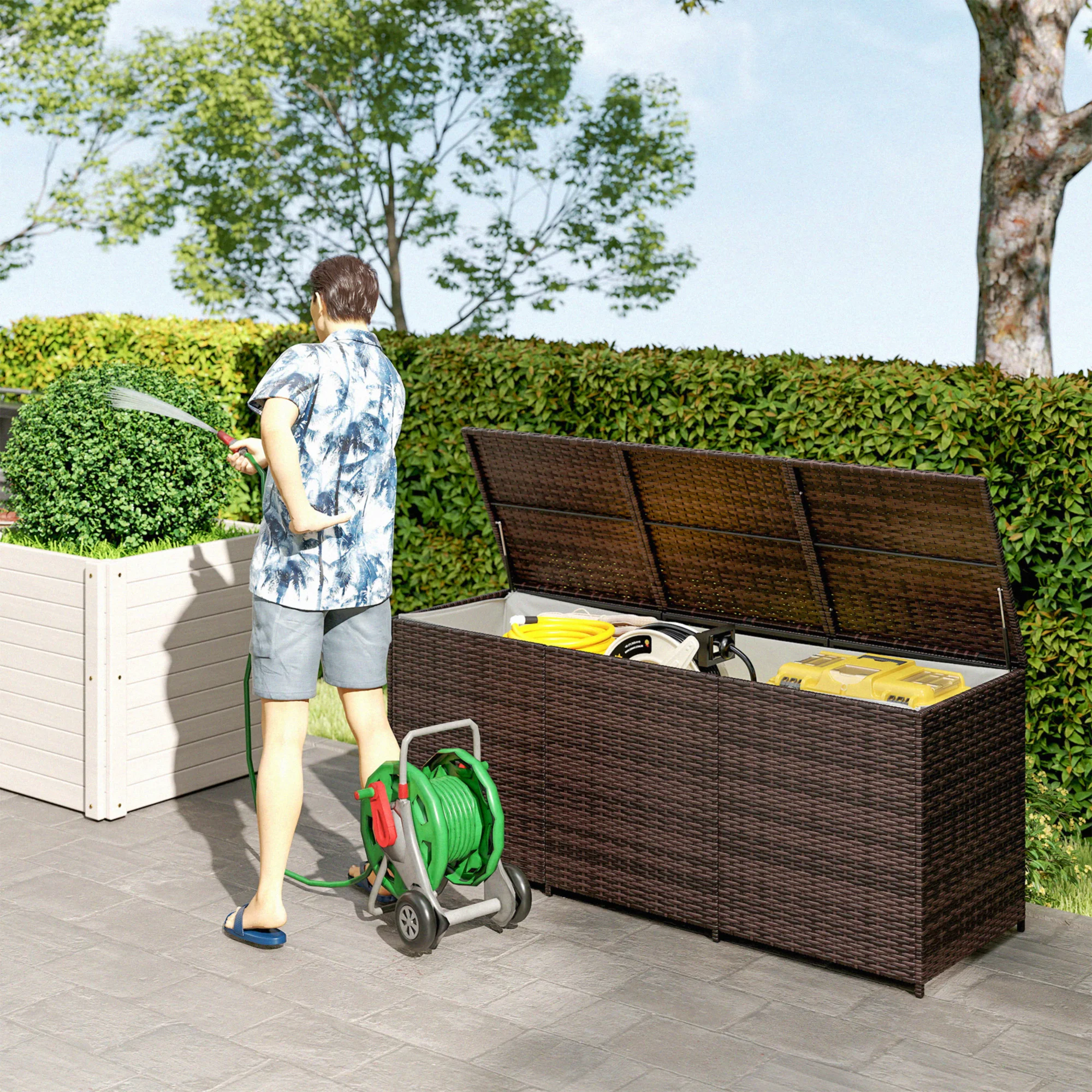 Outsunny Storage Box W/ Pneumatic Bar Lift, Inner Liner, Mixed Brown