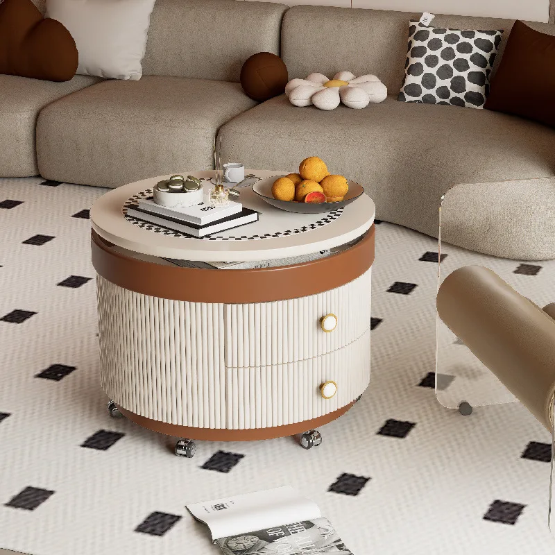 

2025 new coffee table living room household small apartment modern light luxury simple movable lifting round rock slab tea table