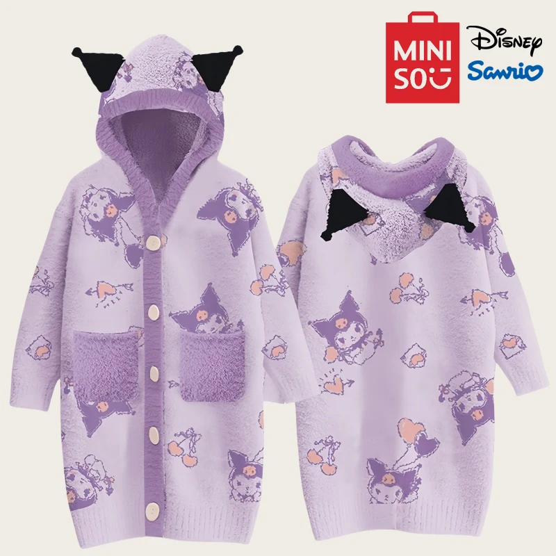 MINISO Kuromi Hooded Children Pajamas Kawaii Warm Long Sleeve Night Dress Cartoon Fashion House Clothing Cute Girls Pajama Dress