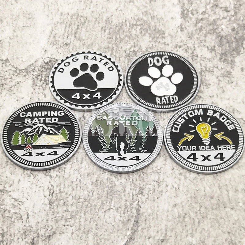 

Car Styling 3D Funny Dog Camping Rated 4 x 4 Metal Chrome Zinc Alloy Adhesive Emblem Decorative Badge Sticker Auto Accessory