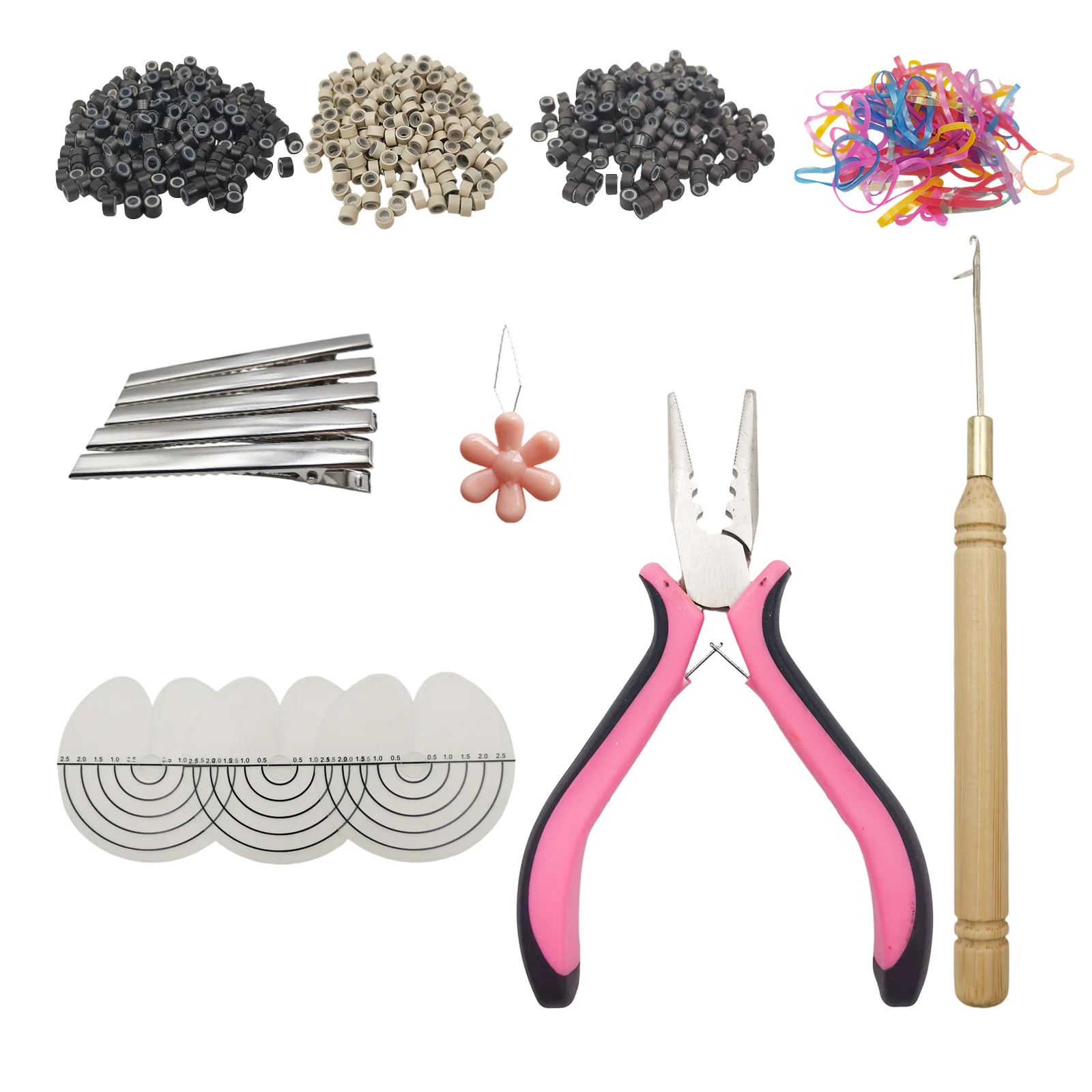 Hair Extensions Tools Kit with 3-Holes Plier, 200pcs Silicone Lined Micro Beads, 1 Crochet Hook for I Tip/Feather/Tinsel Hair