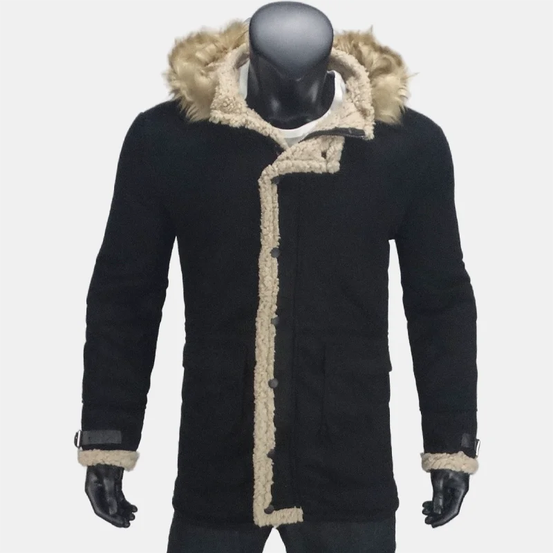Winter Men\'s Jackets Suede Warm Windbreaker Hooded Fleece Jacket Men Wool Thickened Fur Collar Outerwear Men\'s Clothing S-5XL