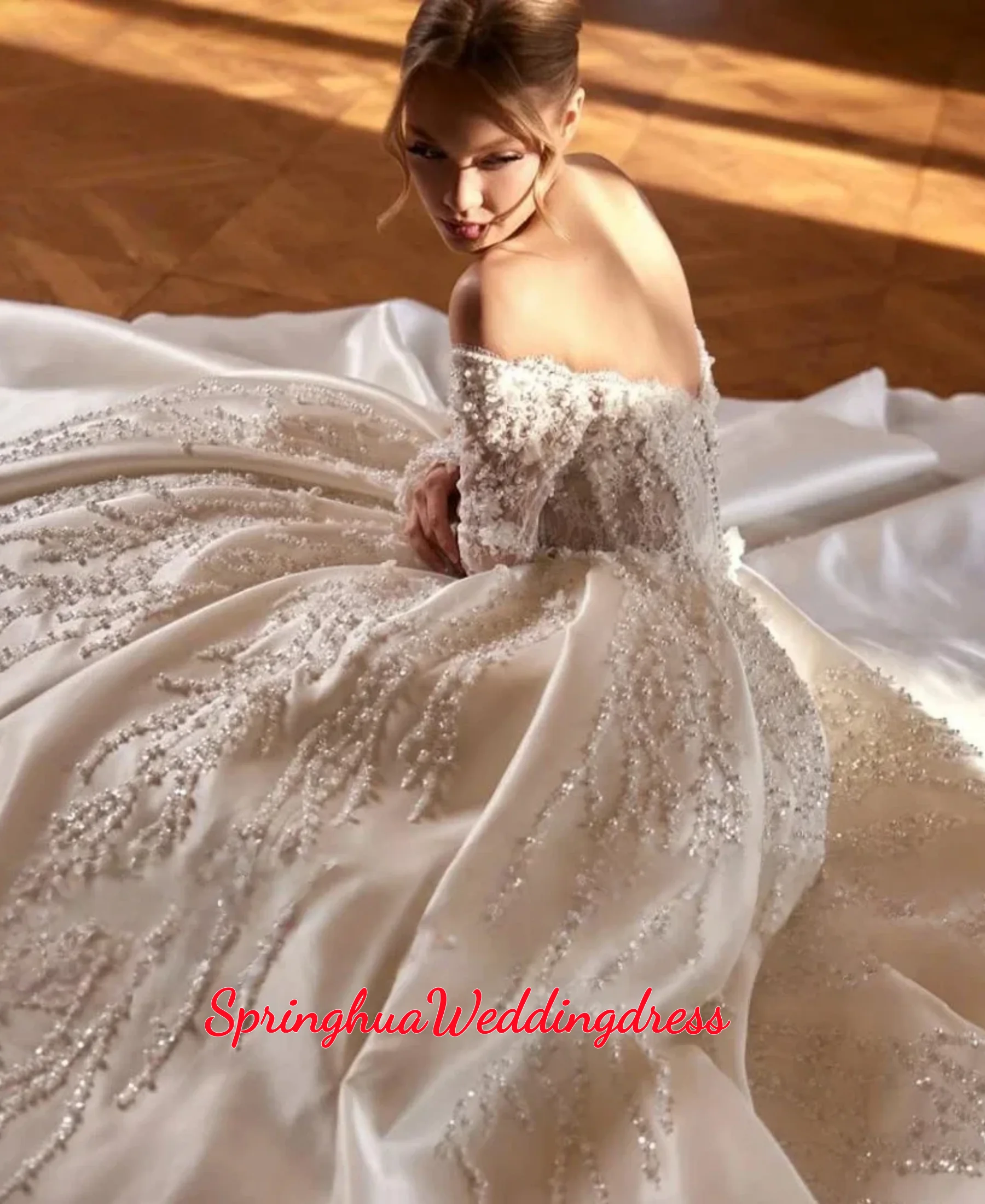 

Customized A-Line Chic Graceful Wedding Dresses Boat Neck Long Sleeve Lace Beaded Luxury Bridal Gowns Vestido De Novia