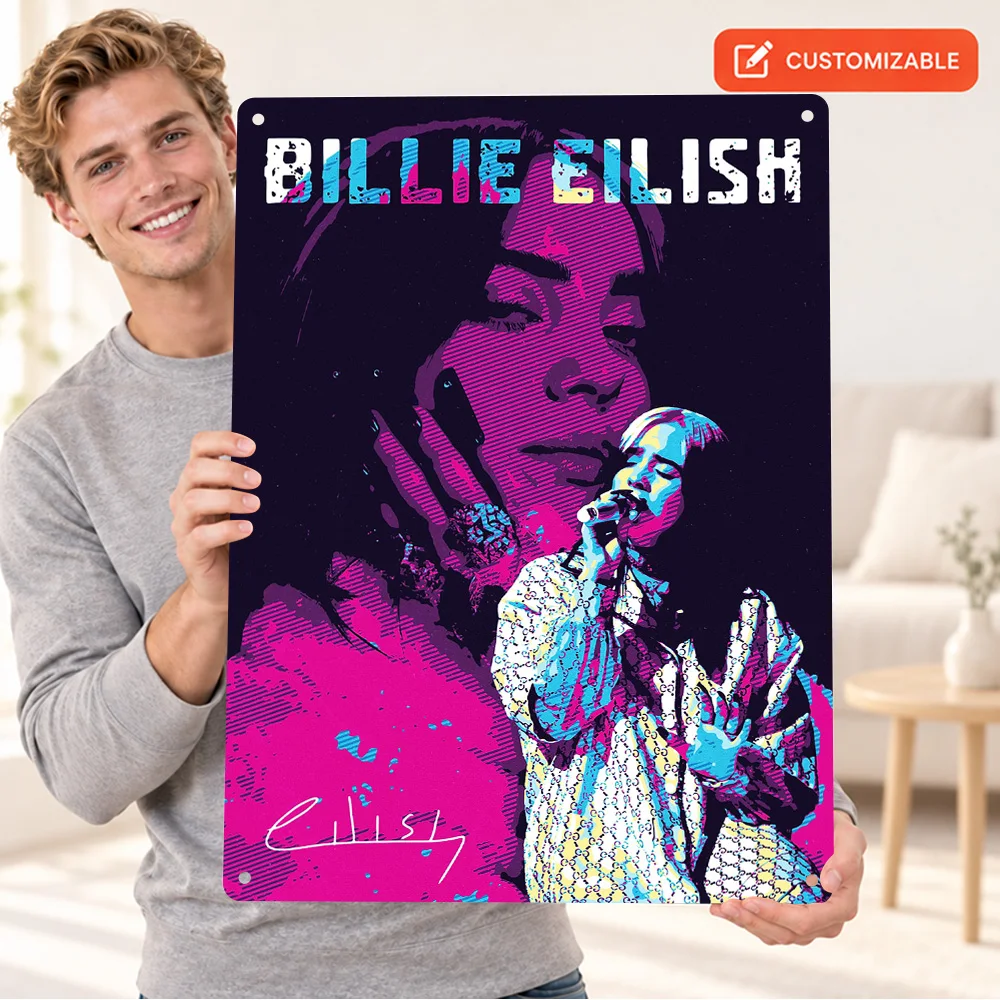 Billie Eilish Aluminum Poster Customized Metal Sign Vibrant Neon Illustration Wall Art For Listening Room Music Enthusiast Gift