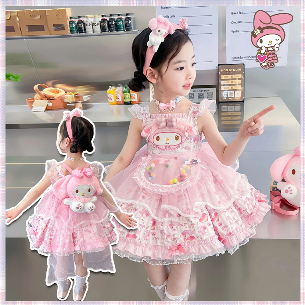 My Melody Girls Lolita Summer Dress Sanrios Anime 2024 New Kawaii Role Playing Princess Sling Dresses Kids Birthday Party Dress