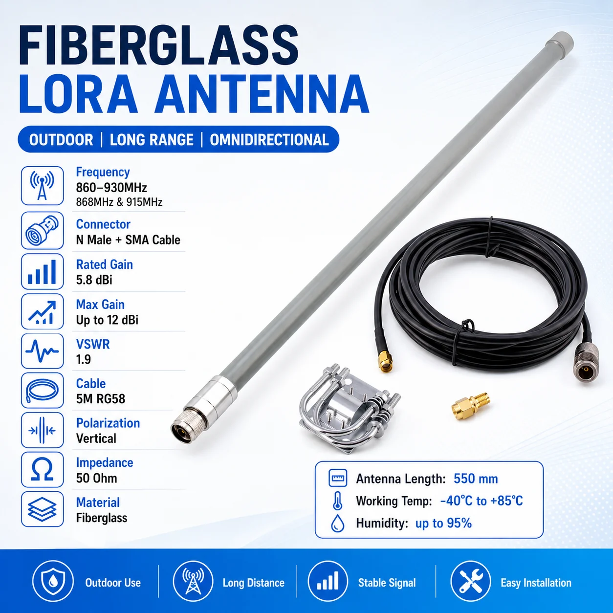868MHz 915MHz For Omni Antenna 12dBi Fiberglass Outdoor with N Connector for Helium and Long Range Connectivity