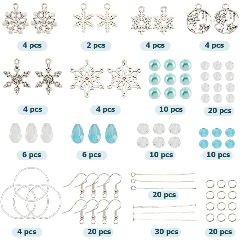 1 Box DIY 10 Pairs Christmas Charms Earrings Making Kit Antique Silver Snowflake Charms Winter Blue Faceted Glass Beads Linking