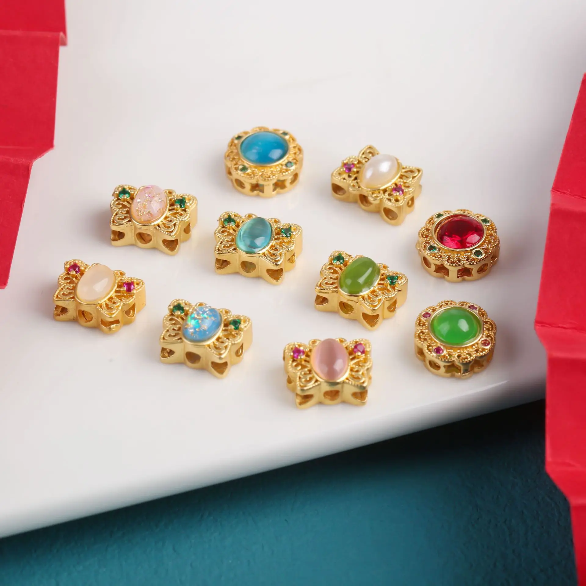 7pcs Copper Plating Hollow Multi-pass Ring Inlaid White Stone Spacer Beads Diy Bracelet Necklace Jewelry Accessories Wholesales