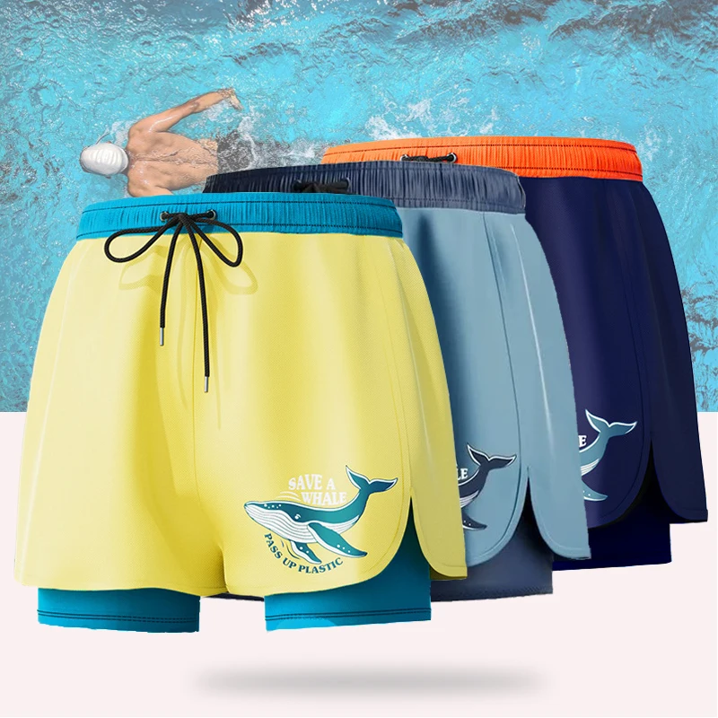 (L-5XL)Quick Dry Double Layer Children Trunks Boys Swiming Surfing Diving Scuba Snorkeling Water Sport Shorts Teens Beachwear