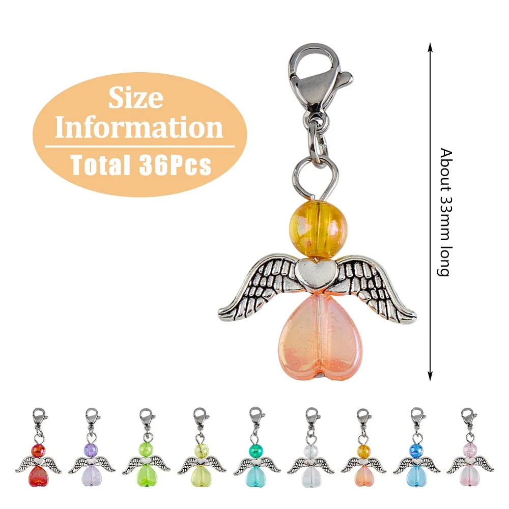 36Pcs 9 Colors Transparent Acrylic Angel Charm Decorations with 304 Stainless Steel Lobster Claw Clasps Mixed Color 33mm - view 2