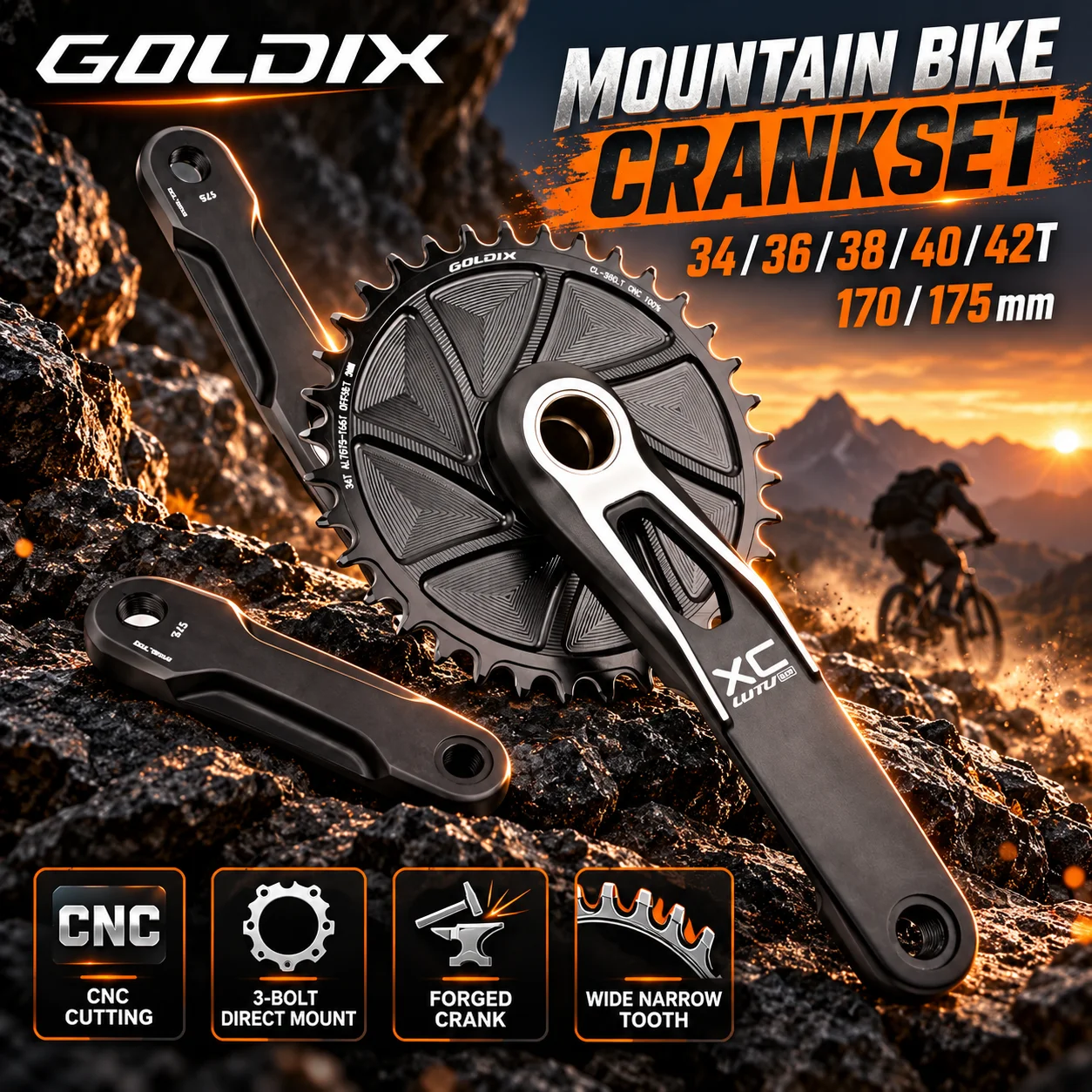GOLDIX MTB Crankset 170/175mm Forged Alloy 3-Bolt Direct Mount Narrow Wide Chainring High Strength Mountain Bike Crank Set Parts