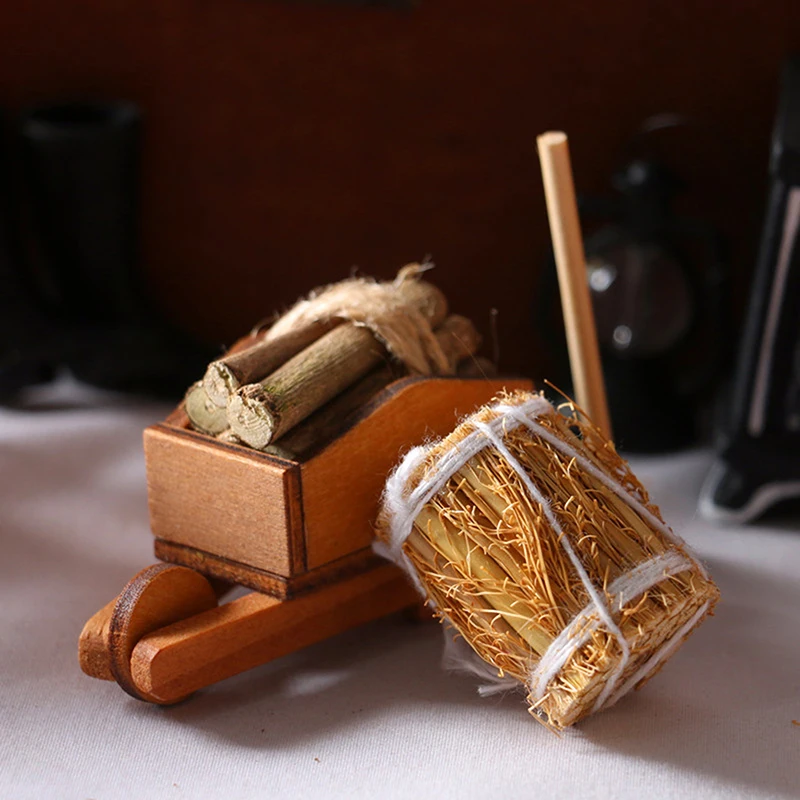 1PC Mini Straw Wooden Match Miniature Wheelbarrow Model Micro Winter Scene Layout Props Doll House Decor DIY Accessories