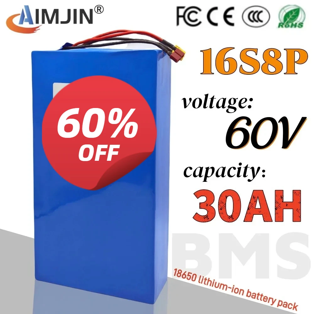 60V 30000mAh High-capacity 16S8P Rechargeable ithium Battery 1000-3000W high power，for Electric Scooter Battery With BMS