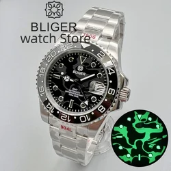 BLIGER New Design Japan NH34A GMT Automatic Men's Watch Sapphire Glass 3D Luminous Dial 100 meters Waterproof 904L Bracelet