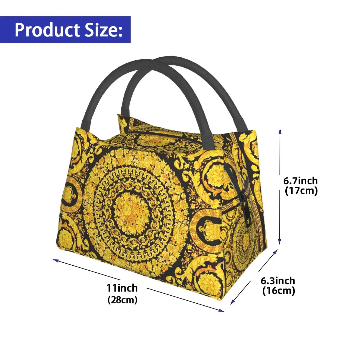 Decorative Golden Medallion Baroque Insulated Lunch Bag for Women Kids Portable Food Boxes Thermal Lunch Box Tote