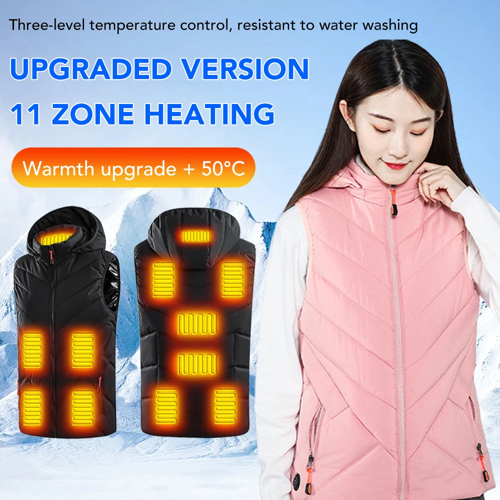 Couple Style 11 Areas Winter Constant Temperature Heating Vest Women Hooded Cold-Proof Thermal Vest USB Electric Heating Clothes