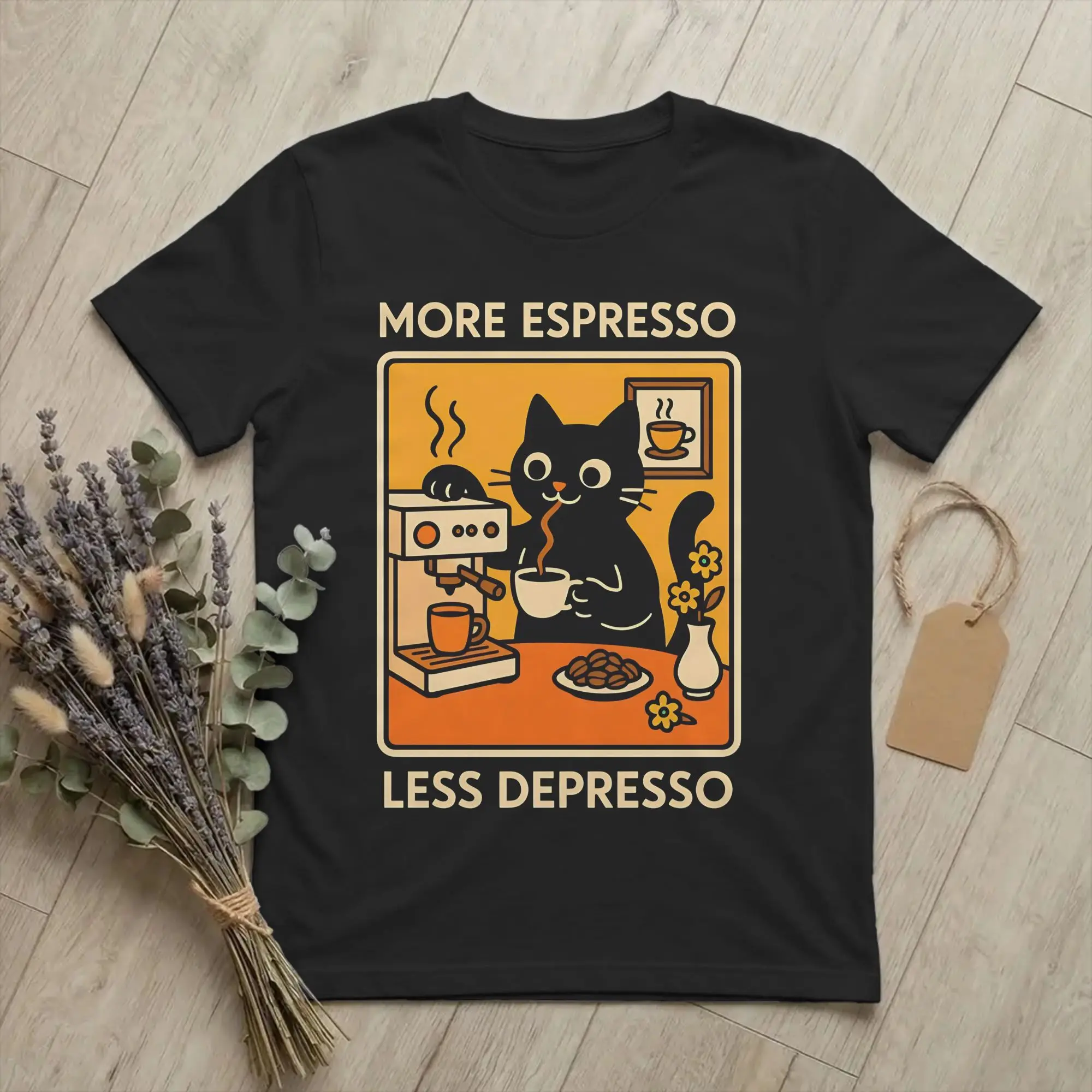 More Espresso Less Depresso Cat T-Shirts for Men Women  Hipster Pure Cotton Tees Round Neck Short Sleeve T Shirts Original Tops
