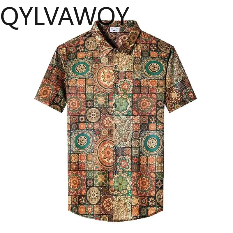 

QYLVAWOY Printed Men's Shirts 92.5% Mulberry Silk Shirts High-end Summer Tops Short Sleeve Thin Clothes for Man Fashion Casual