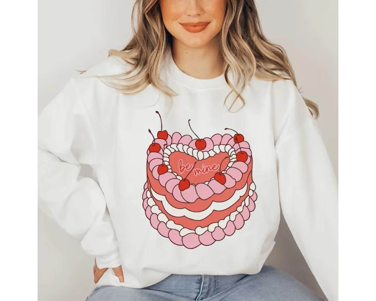 Be Mine Retro Heart Cake Valentines Sweatshirt Kitschy Valentines Kawaii Sweater Pink Aesthetic Y2k Clothes Vintage Tops Women