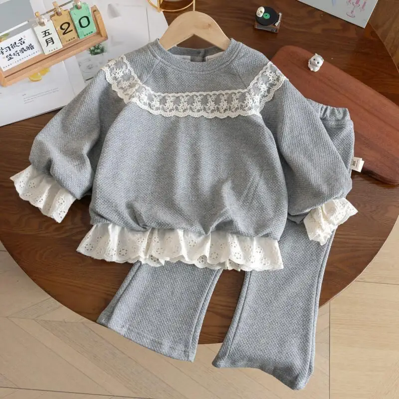 

Girls Fashion Set 2026 New Korean Style Two Piece Hoodie and Pants Set with Lace Trim for Baby Girls Spring Autumn Casual Wear