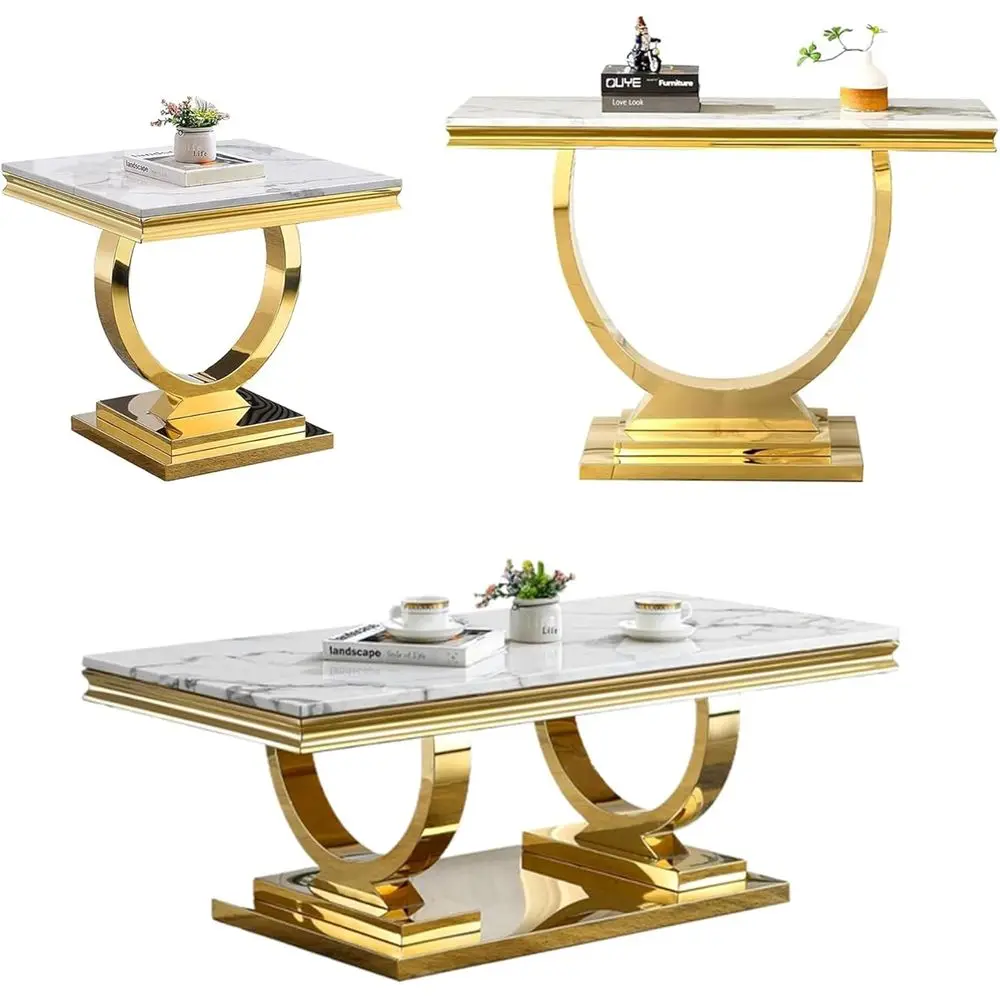 

Luxury White Gold 3-Piece Living Room Table Set with Mirrored Stainless Steel Base