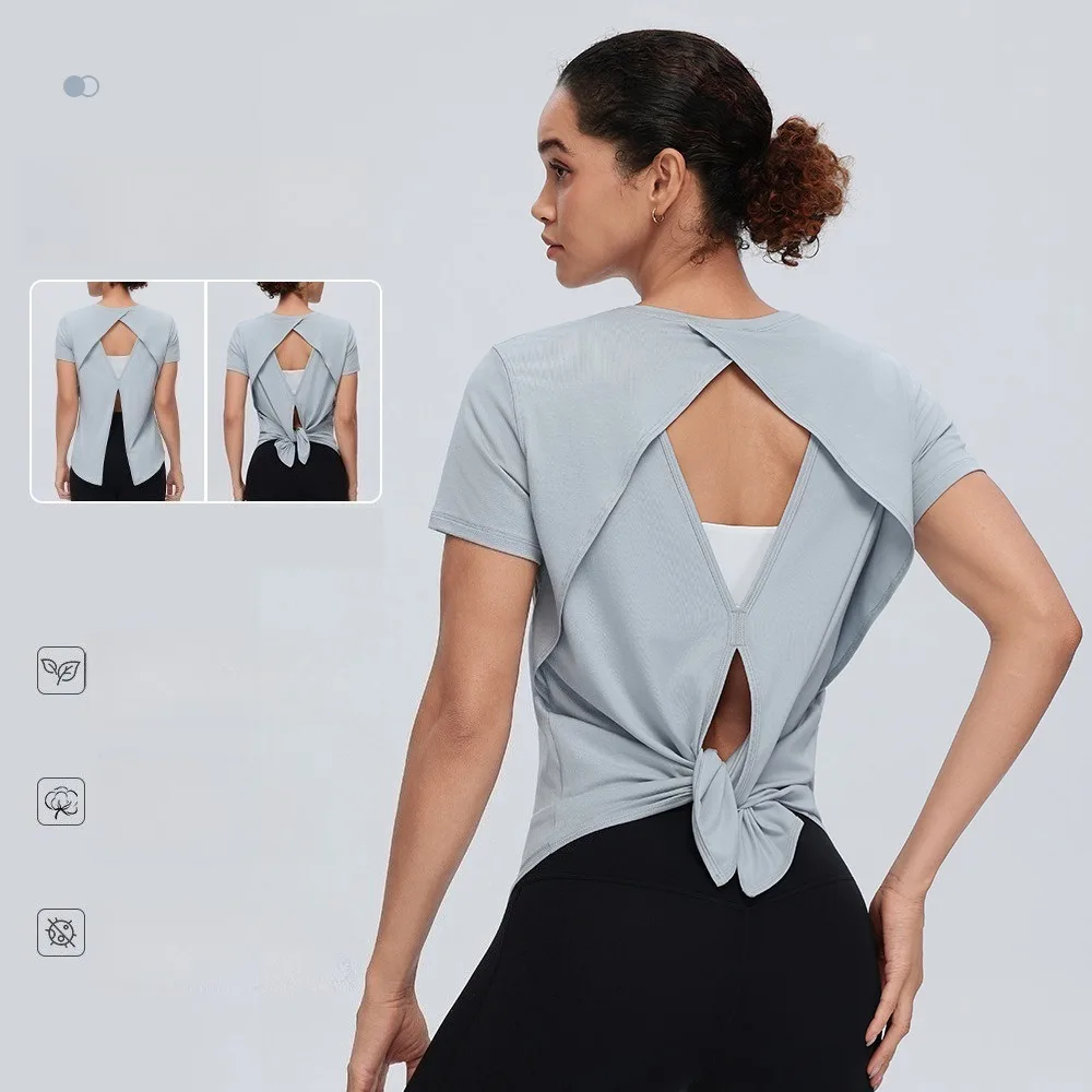 Women Yoga Short Sleeve Top Open Back Workout T‑Shirt Breathable Running Sports Cover‑Up Gym Fitness Tee