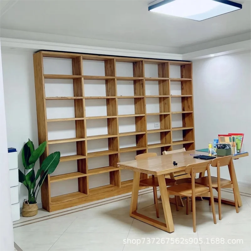 custom.Full Wall Old Elm Plaid Solid Wood Bookshelf Supermarket Floor Exhibition Rack with Log Wall Storage Rack Bookcase Showca
