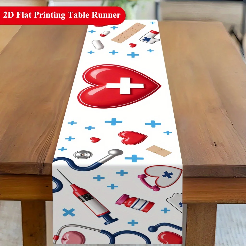 Medical Supplies and Equipment Elements Table Runner - Creative Health Clinic Motif Decoration for Holiday Dining Home Party
