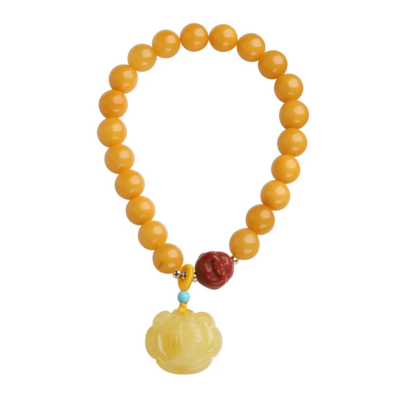 Natural Amber Beaded Bracelet DIY Style with Turquoise South Red Buddha Head Amber Fortune Lock Couple Retro Bracelets Gifts