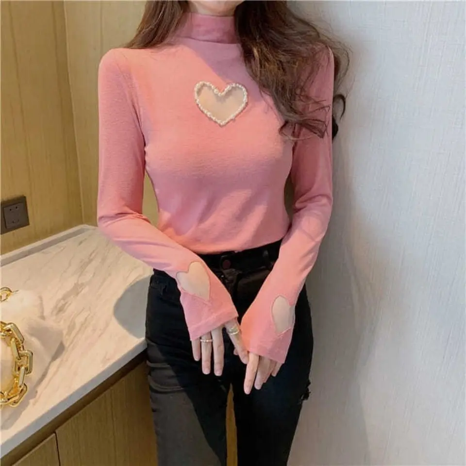 KUSAHIKI Fashion Beads Love Heart Hollow-out Logn Sleeve Slim Bottoming Autumn Shirts for Women Turtleneck Graphic T Shirts