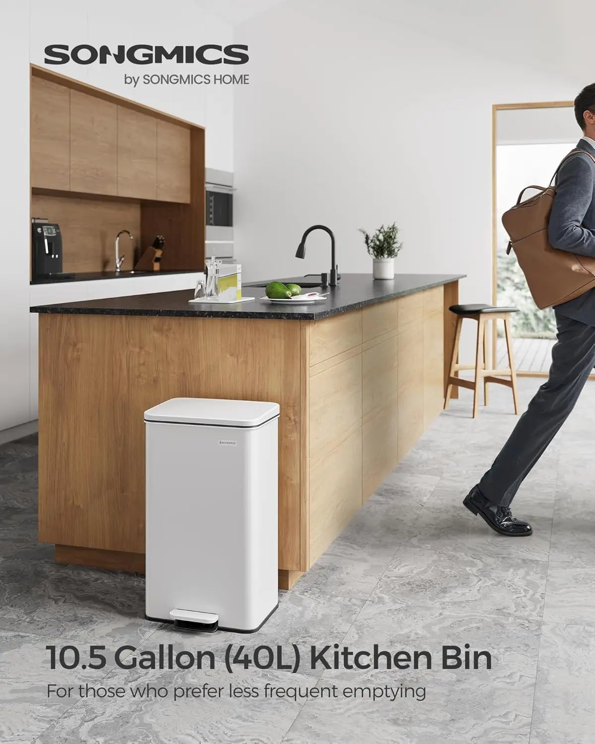 SONGMICS Kitchen Bin, 10.5 Gallon (40 L) Rubbish Bin, Large Step Bin with Lid, Steel, Soft Close, 15 Liner Bags Included