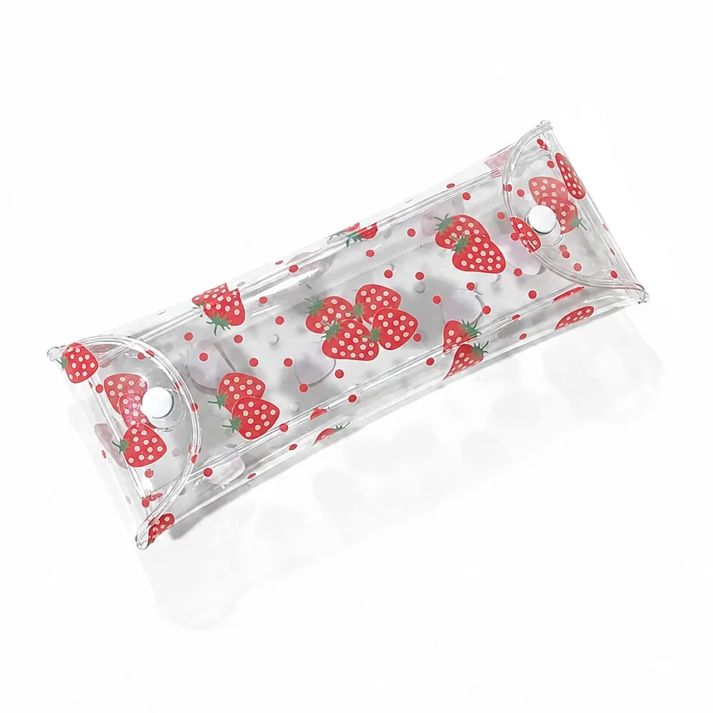 High Quality PVC Pencil Case Strawberry/Cherry Print Transparent Pen Bag Snap-button Type Pencil Pouch Back To School